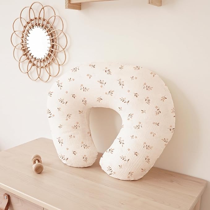 Konssy Muslin Nursing Pillow Covers, Soft and Cute Nursing Covers for Breastfeeding Pillows, Ideal for Newborn Baby Boys and Girls (Brown Leaf, Pink Sun) - 2 Pack