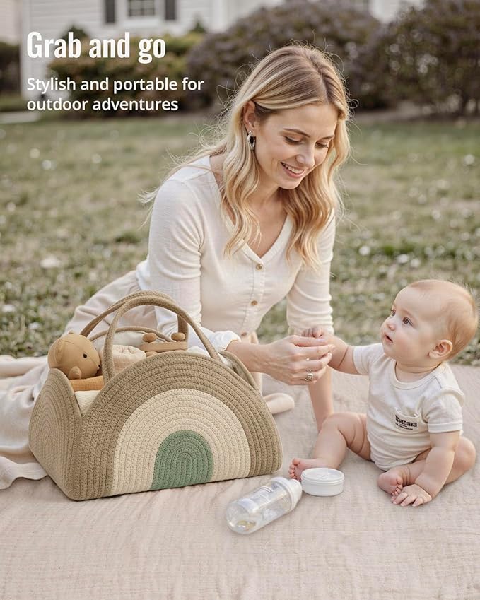 Blissful Diary Baby Diaper Caddy Organizer, Cotton Rope Diaper Caddy Basket, Large Storage Basket for Newborn Boys and Girls, Gift for Baby Shower List, Newborn Essentials, Natural Rainbow