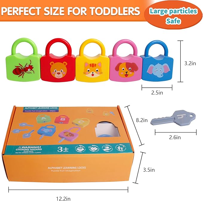 Color Alphabet Learning Lock Toys Educational Letter Combination-with 26 Locks, 26 Keys Montessori Preschool Alphabet Learning Game for Ages 3 yrs+