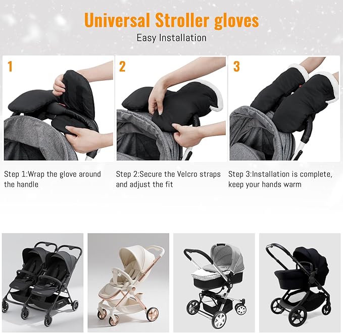 KAKIBLIN Winter Stroller Gloves, Hand Muff for Cold Weather, Universal Ultra-Plush Winter Stroller Mittens for Baby Parents, Warm Waterproof Windproof Strollers Glove Accessories(Black)