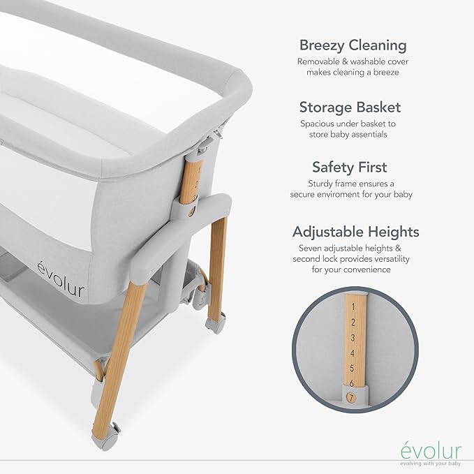 Evolur Lullaby Portable Bassinet with Wheels | Adjustable Bedside Sleeper, Breathable Mesh Sides, Large Storage Basket, Easy Fold, and Travel Bag Included | Perfect for Newborns & Infants
