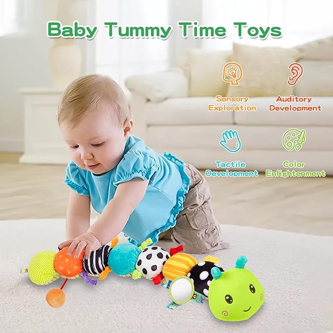 Baby Sensory Toys 0-6 6-12 Months, Musical Plush Animal Stuffed Caterpillar with Crinkle & Rattle, Tummy Time Toys for Infants Newborn 3 6 9 12 18 Months, Car Seat and Shower Gifts for Boys Girls