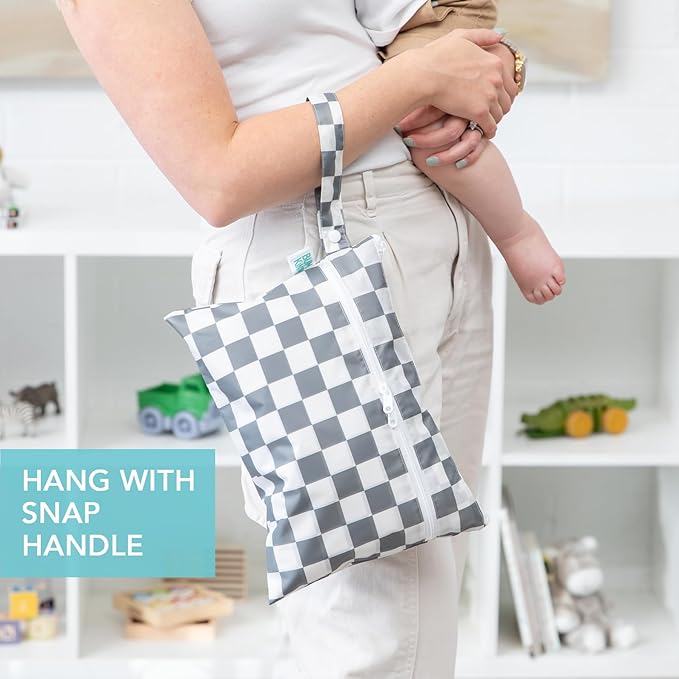 Bumkins Waterproof Wet Dry Clutch Bag for Baby, Travel, Swim Suit, Cloth Diapers, Pump Parts, Pool, Gym Clothes, Toiletry, Strap to Stroller, Daycare, Zip Reusable Bag, Packing Pouch, Gray Check