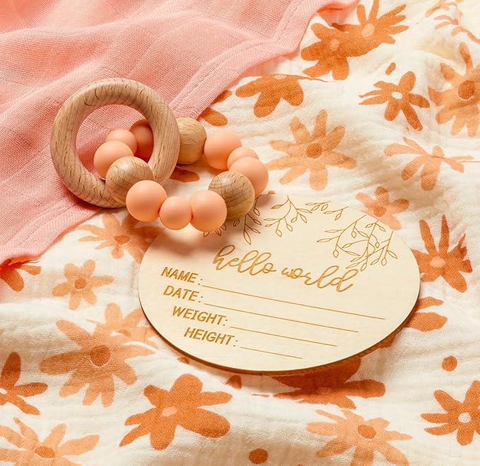 Baby Gift Set Girl - Unique Baby Shower Gifts & Newborn Essentials: Teether Toy, Blanket, Muslin Swaddle, Birth Record, Print Kit, Nemo Socks, Hair Bow, Pink
