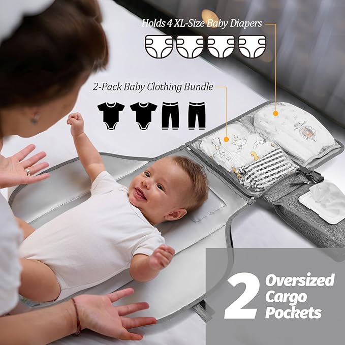PZU Portable Diaper Changing Pad - Changing Pad Portable with Wipes Pocket, Waterproof Diaper Changing Mat, Portable Changing Pad for Baby, Newborn Gift(Grey)