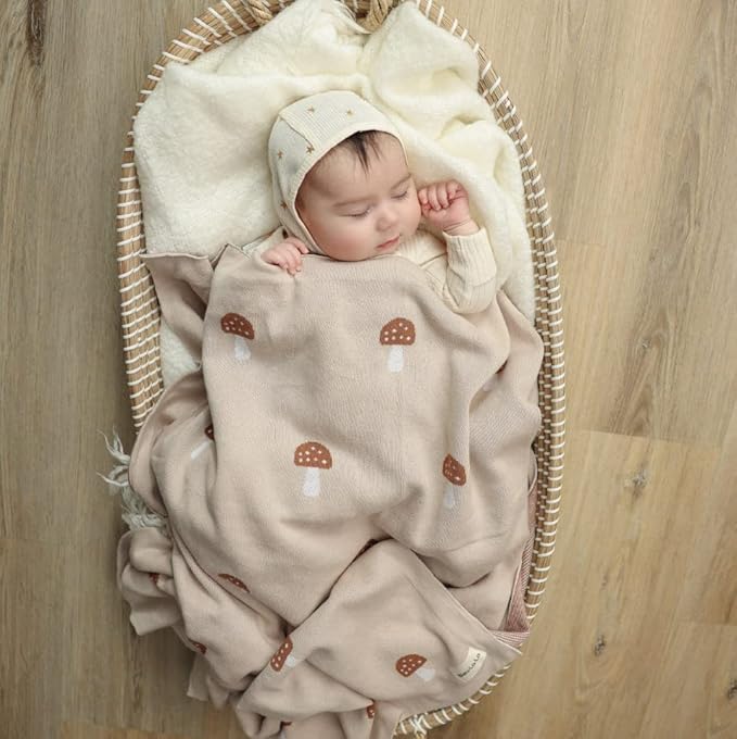 Unisex Baby Swaddle Blanket 100% Cotton Buttery Soft Cozy Receiving Swaddle Stroller Blanket for Shower Gift Registry for Newborns, Infants, Toddlers (Mushroom - Cream)