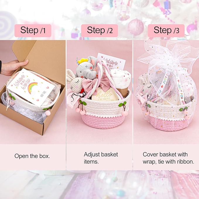 Baby Girl Gifts Basket,Baby Shower Gifts for Girls,New Born Baby Girls Gift,Baby Girl Gift Basket,Gender Reveal Gifts,Unique Baby Gift Essential Stuff,Rattle Swaddle Blanket Baby Girl Gifts