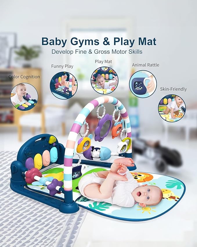 dearlomum Baby Play Mat Gym, Funny Play Piano Tummy Time Activity Mat with 5 Infant Sensory Toys, Music and Lights, Boy & Girl Gifts for Newborns 0 to 3 6 9 12 Months(New Blue)