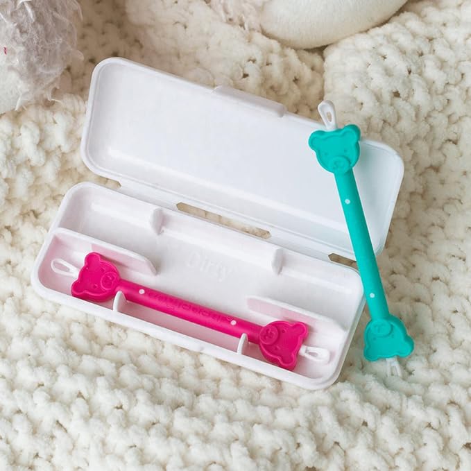 oogiebear Baby Nose Cleaner & Ear Wax Removal Tool - Safe Booger & Earwax Removal for Newborns, Infants, Toddlers - Dual-Ended - Essential Baby Stuff, Diaper Bag, Raspberry & Seafoam with case