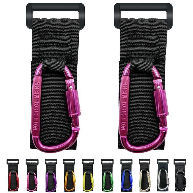 Baby Stroller Hook, Carry 30 lbs per Stroller Carabiner Clip, Adjustable Baby Stroller & Car Seat Hook for Hanging Diaper Bag, Wheelchair,Golf cart, Shopping and Pet Cart(2 Pcs Fuchsia)
