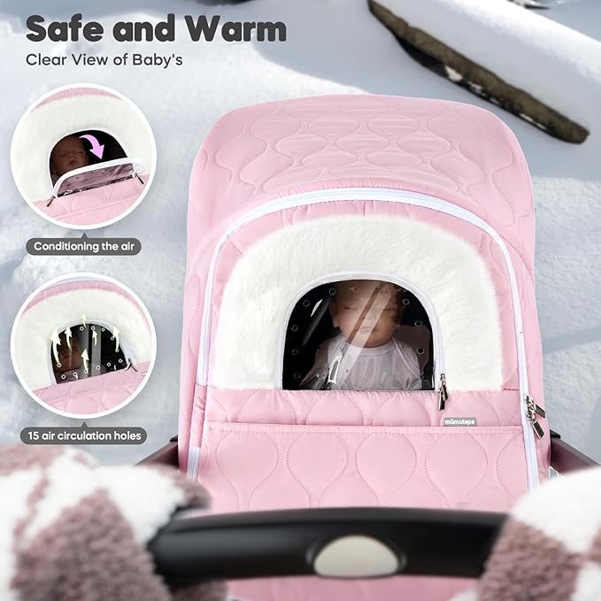 Winter Baby Car Seat Cover, Waterproof, Windproof Warm Fleece Breathable with Full Zipper for Newborn Car Seat, Pink