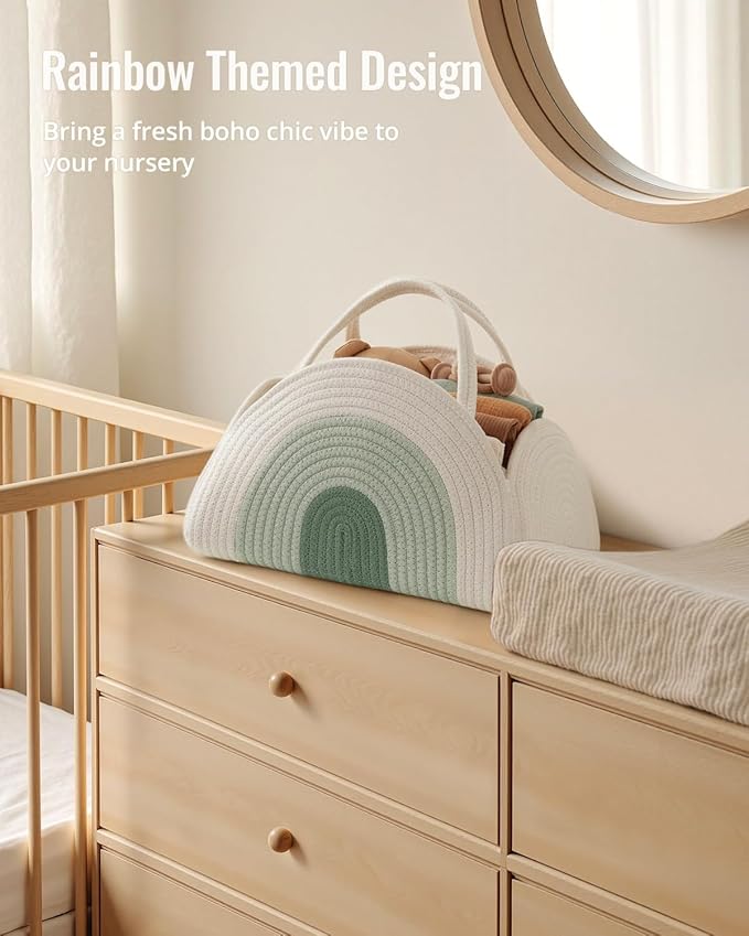Blissful Diary Baby Diaper Caddy Organizer, Cotton Rope Diaper Caddy Basket, Large Storage Basket for Newborn Boys and Girls, Gift for Baby Shower List, Newborn Essentials, Mint Rainbow