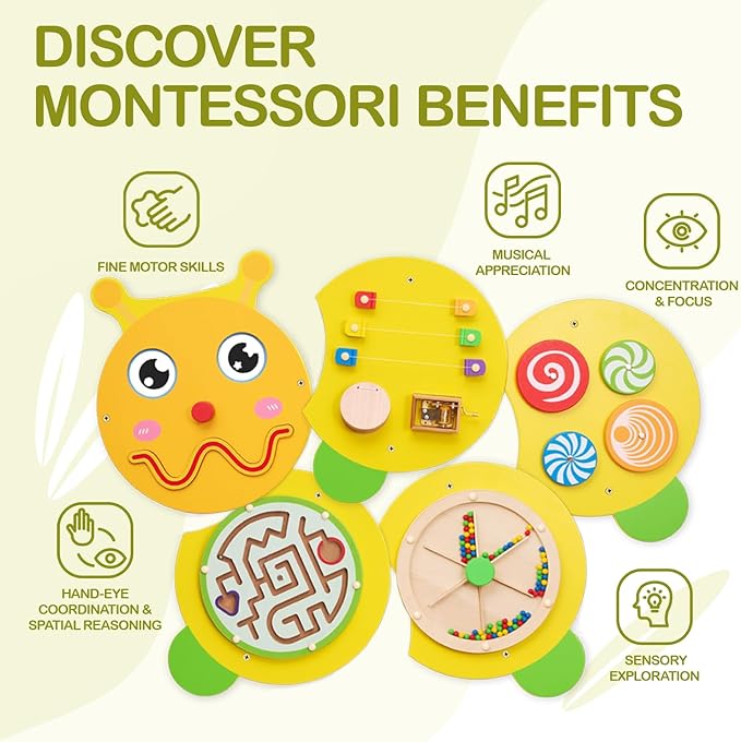 Monläurd® Caterpillar Montessori Busy Board,Sensory Board,Educational Toys,Activity Cube,Wall Toys,Daycare Furniture,Playroom Furniture,Interactive Toys,Wooden Toys,Learning Toys,Boys and Girls 6 M+