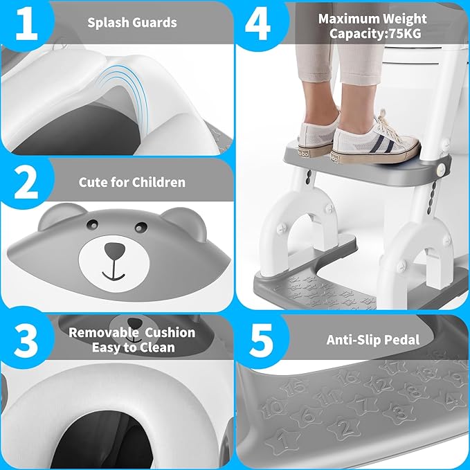 Potty Training Toilet, Adjustable Toddler Toilet Seat and Step for Kids, 2 in 1 Toilet Steps for Toddlers,Non Slip & Space Efficient & Splash Guard