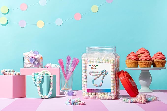 50 Candy Necklaces Individually Wrapped, Choker Style, Nostalgic Pastel Candy Jewelry Perfect for Party Favors, Pinata Fillers and Goodie Bags, Packed in a Convenient Display Tub, By 4YoreElves