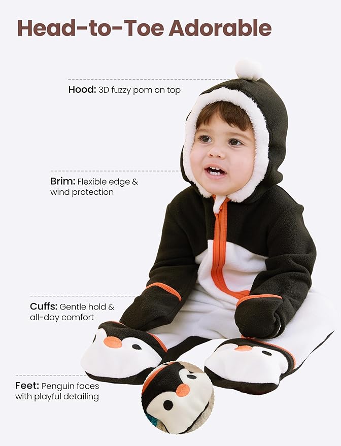 PATPAT Fleece Hooded Footed Romper Clothes, Soft Warm Footie Covers, Car Seat Friendly, Easy Zip, Cute Boy Girl