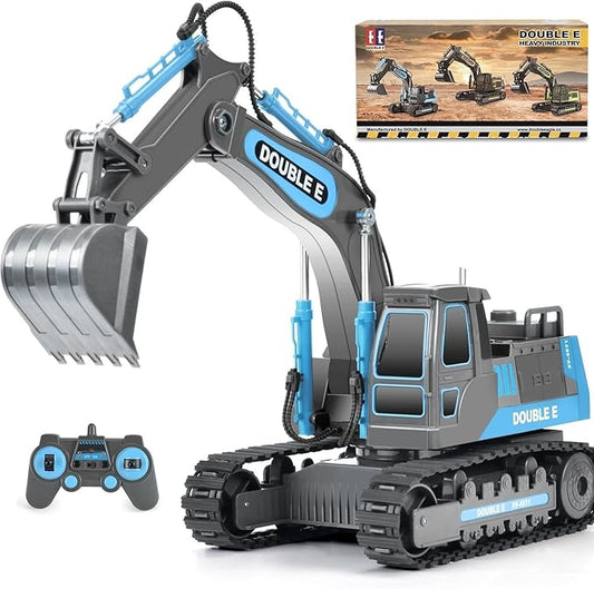 DOUBLE E Remote Control Excavator Toy RC Excavators Rechargeable Battery Digger Hydraulic Construction Toys Vehicles Xmas Gift for Boys Girls Kids 3-14 Years,Gray-Blue