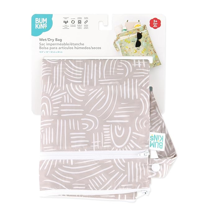 Bumkins Waterproof Wet Dry Bag for Baby, Travel, Swim Suit, Cloth Diapers, Pump Parts, Pool, Beach, Gym Clothes, Toiletry, Hook to Stroller, Daycare, Zipper Reusable Wetdry Packing Pouch, Boho Beige