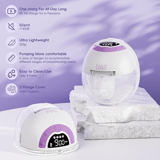 b&h Breast Pump Hands Free with Night Light, S33 Portable Electric Wearable Breastfeeding Pump, 4 Modes & 9 Levels, 17/19/21/24/27mm Flange, Baby Mouth Double-Sealed Flange, Milk Pump for Moms -Purple