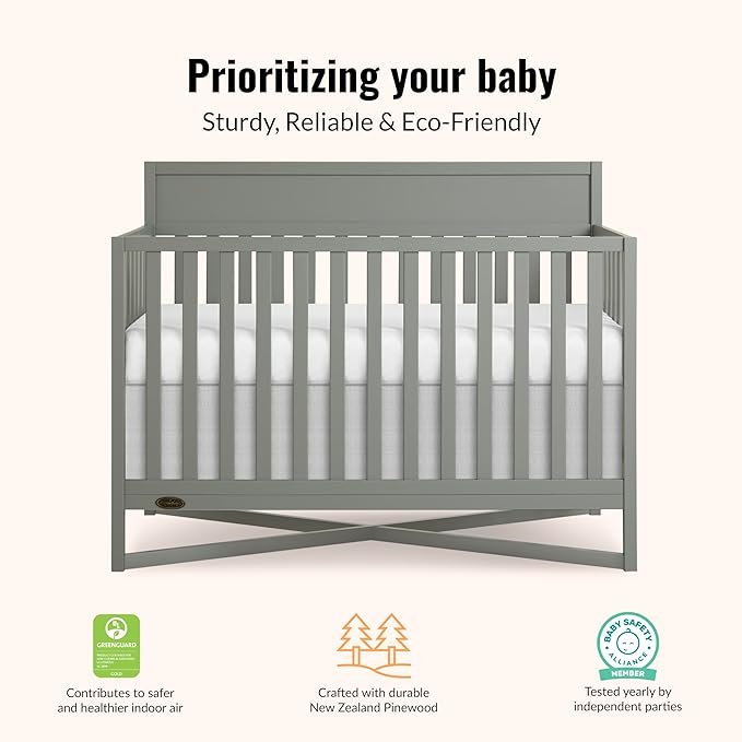 Dream On Me Owen 5-in-1 Convertible Full-Size Baby Crib in Seagrass, GreenGuard Gold & JPMA, Converts to Toddler, Day, & Full-Size Bed, Non-Toxic Paint, Safe Sleep Environment