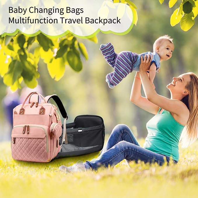Diaper Bag with Changing Station, Waterproof 3 in 1 Baby Diaper Backpack with Foldable Changing Pad, Large Travel Back Pack for Baby Girl Boy, Peach Pink