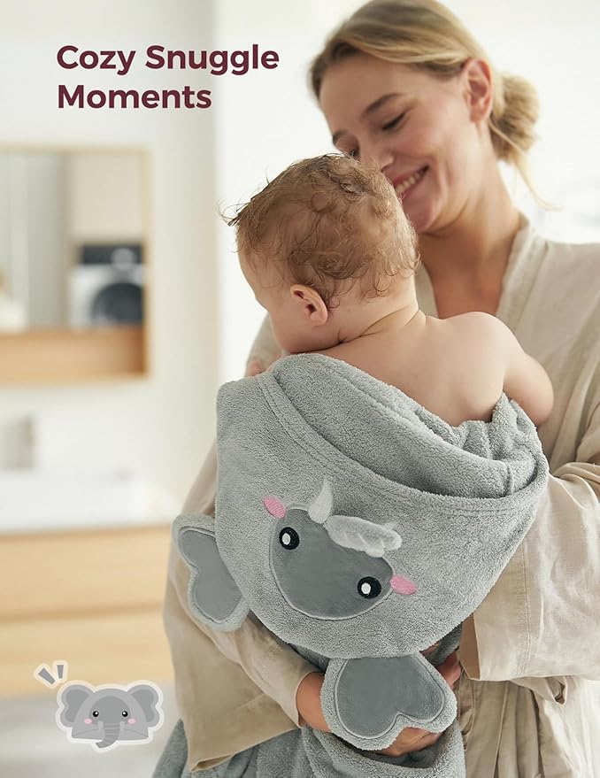 Momcozy Baby Bath Towels with Hooded -Visualize Health Label -Soft & Absorbent Coral Fleece Towel for Comfort & Warm - Bath Essential or Shower Gift for Newborn, Infant,Toddler (Large, 28 x 55 Inch)