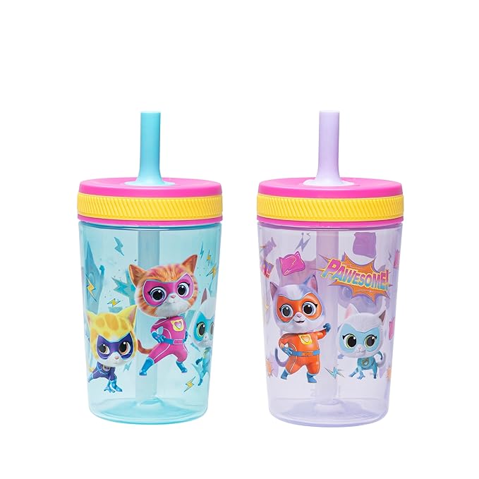 Zak Designs Disney SuperKitties Kelso Toddler Tumblers For Travel or At Home, 15oz 2-Pack Durable Plastic Sippy Cups With Leak-Proof Design is Perfect For Kids (Ginny, Sparks, Buddy, Bitsy)