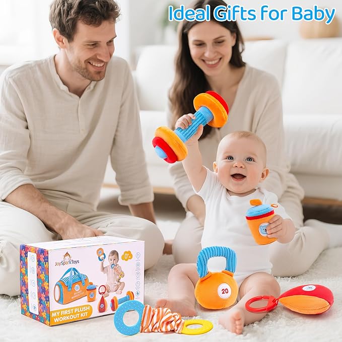 Baby Toys 3-6-12 Months Sensory Toy for Babies Workout Dumbbell Weights Toy Set with Rattles,Crinkle,Mirror & Teether,Montessori Toys for 6 Month Old Infant Baby Girl Boy Gifts