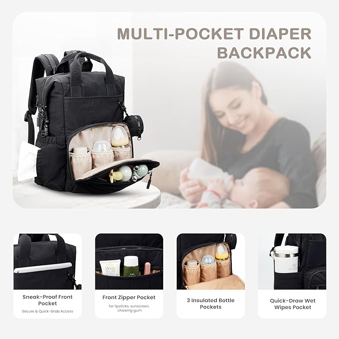 VONAL Diaper Bag Backpack, Lightweight Baby Diaper Bags, Travel Large Diaper Bag with Changing Station, Black Diaper Backpack for Boys Girls Newborn with Insulated Pockets, Stroller Straps
