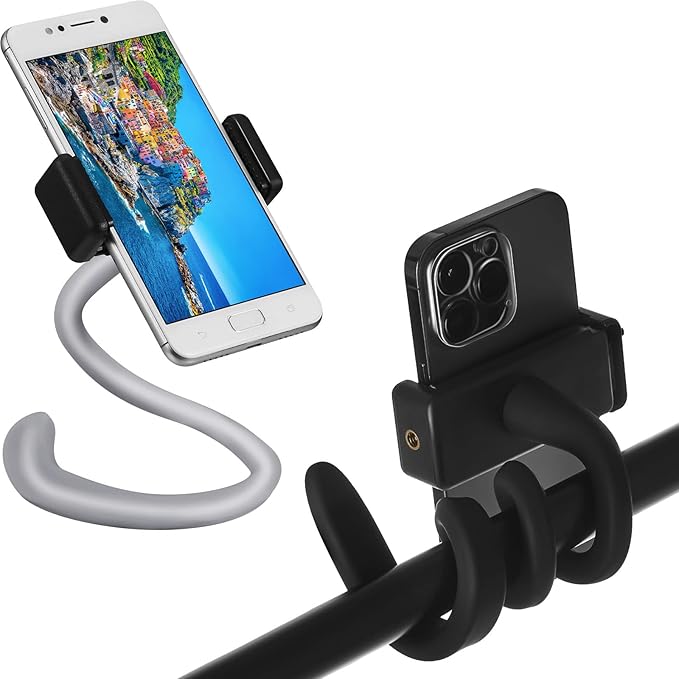 Amylove 2 Pcs Stroller Phone Holder Portable Cell Phone Holder Stand Universal Stroller Accessories for Parent Baby Toddler Cellphone Clamp with Non Slip Silicone Arm Grip(Black, Grey,Novel)