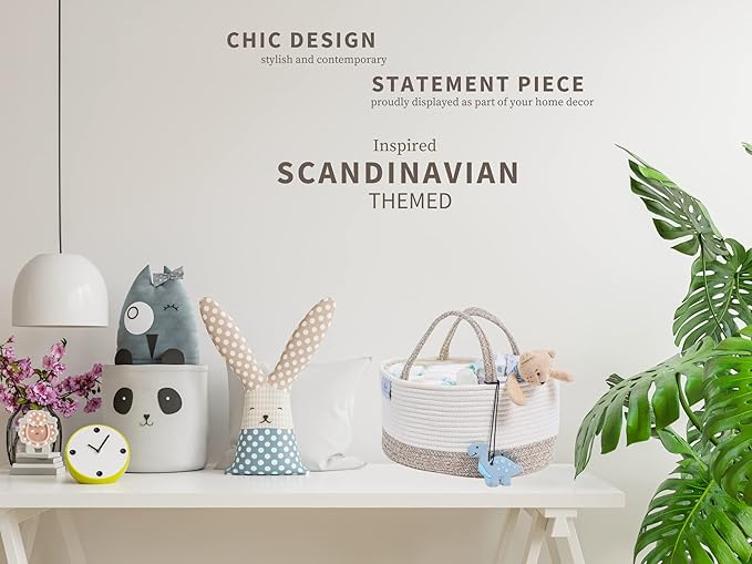 Baby Extra Large Cotton Rope Diaper Caddy, Organizer Storage Bin for Nursery Essentials, 100% Natural Cotton Eco friendly, Organizer with Removable Divider (White & Brown)