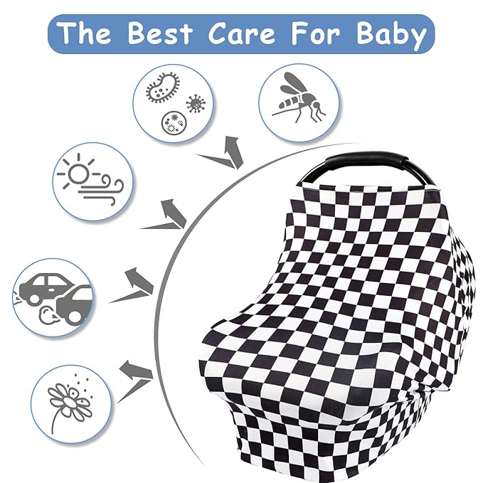 TANOFAR Car Seat Cover for Baby, Multi-Use Cover Carseat Canopy, High Stretchy & Breathable Infant Carseat Cover, Shower Gifts for Unisex Boys and Girls (Black Checkered)