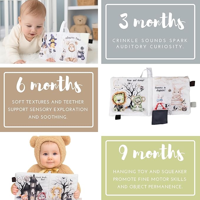 Ali+Oli Baby Cloth Book – Soft Sensory Crinkle Book with Teether for Infants 0-12 Months – Early Learning Touch & Feel Tummy Time Toy – Newborn Shower Gift for Christmas - Halloween Paws