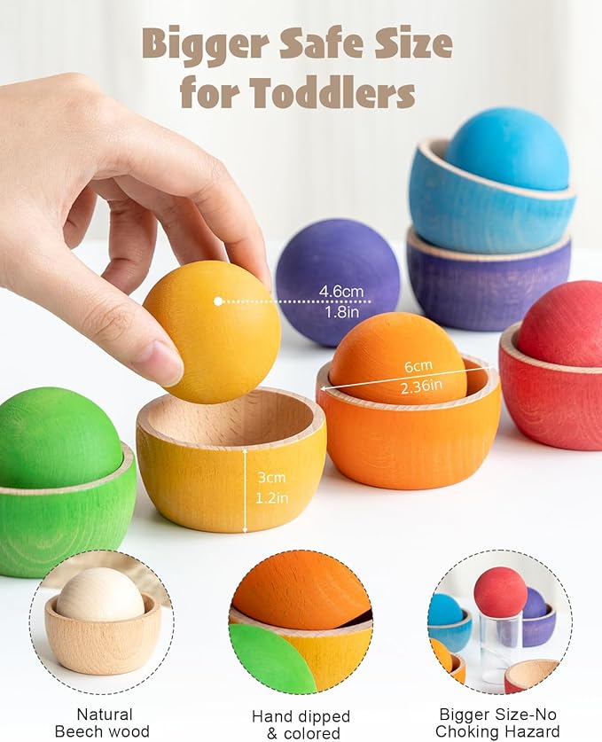 Ball in Cup Toddler Montessori Color Sorting Toy Wooden Ball Toy Learning Color and Matching for Kids with 6 Toddler Safe Balls and Cups