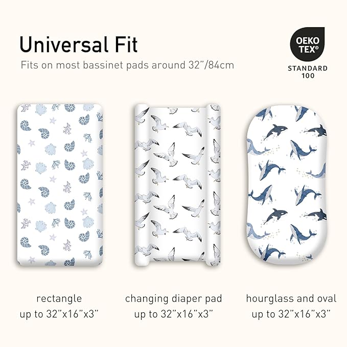 Gllquen Baby Bassinet Sheets 4 Pack, Breathable Cozy Fitted Mattress Sheet, Elastic Travel Crib Fashionable Pattern, Standard Cradle Safe Sheets for Baby Boys Girls 32"x16"(Ocean Wander)