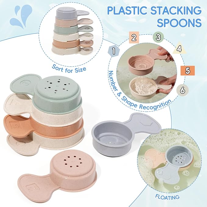Baby Bath Toys for Kids Ages 1-3,16 Pack Toddlers Bath Toy for 2-4 Mold Free Stackable Boats & Spoons, Easy-Clean & Squeezable Silicone Bath Toys for Babies 6-12 Months Bathtub Water Pool Toys