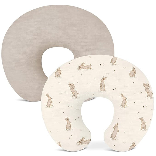Nursing Pillow Covers 2 Pack, Muslin Nursing Cover for Breastfeeding Pillows, Comfortable for Baby Girls and Boys (Rabbit B & Beige)