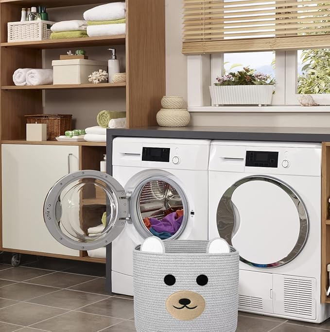 Bear Laundry Baskets Laundry Hamper Storage Baskets with Handles,Decorative Basket for Living room,Woven Storage Basket for Toys Bin Pillows Blankets Clothes (Grey)