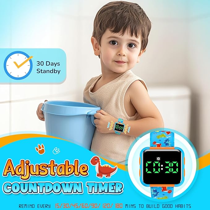 Potty Training Watch for Kids: Water Resistant Potty Watches for Toddler Boys Adjustable Volume Rechargeable Toilet Reminder Dinosaur Toddler Watch Birthday Gifts for 2 3 4 Year Old Boy(Blue)