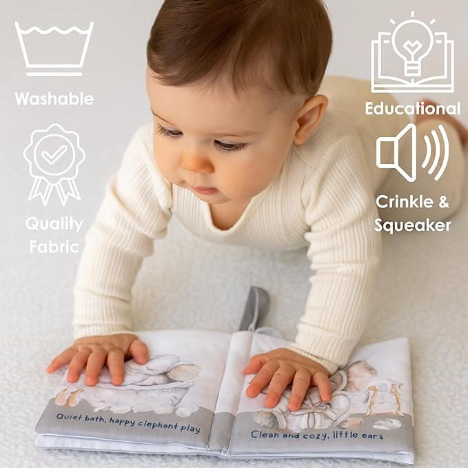 Ali+Oli Baby Cloth Book – Soft Sensory Crinkle Book with Teether for Infants 0-12 Months – Early Learning Touch & Feel Tummy Time Toy – Newborn Shower Gift for Boys & Girls - Bubble Bath
