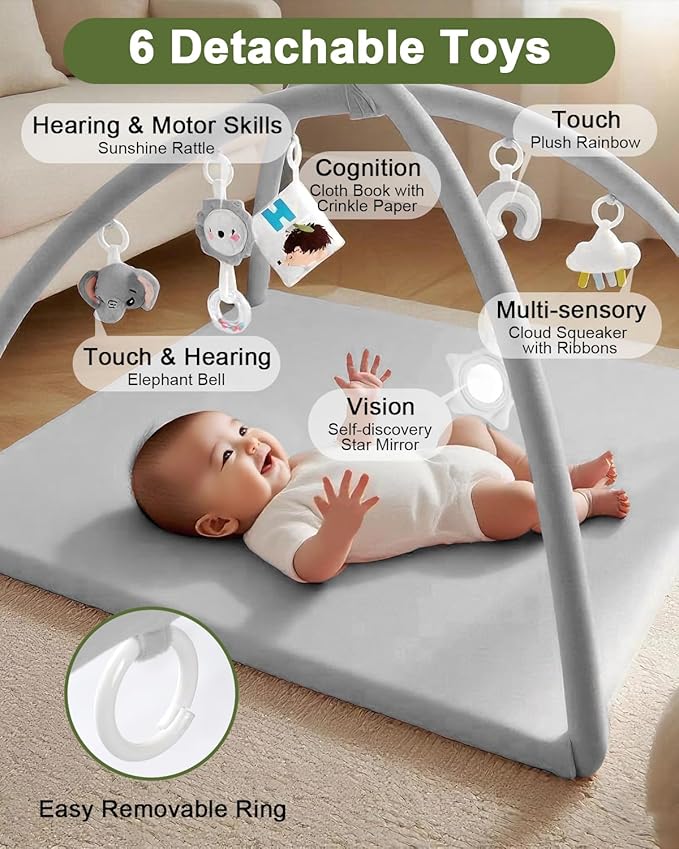 Baby Play Gym with Soft Foam Mat – Removable & Machine Washable Cover, Velvet Tummy Time Mat with 6 Sensory Toys, Non-Slip Activity Mat for Infant Development, Newborn Essentials Gift, Grey