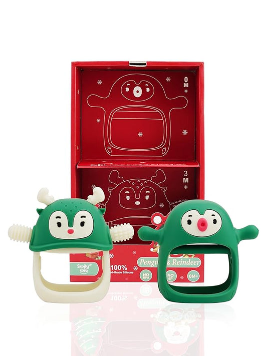 Smily Mia Baby Christmas Stocking Stuffers - Penguin Teether for 0-6M, Reindeer Chew Toys for 3-6M, Teething Mittens for 6-12M, Pine Green