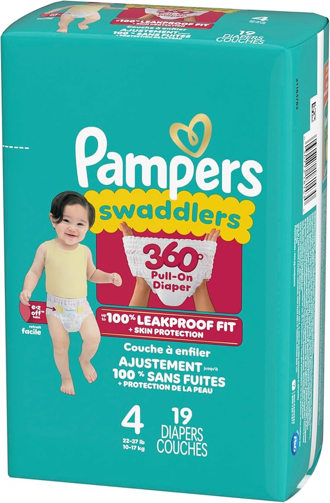 Pampers Diapers - Swaddlers 360° - Size 4, 19 Count, up to 100% Leakproof Comfy Dry Fit, Designed for Easy Changes, Pull On Baby Diaper