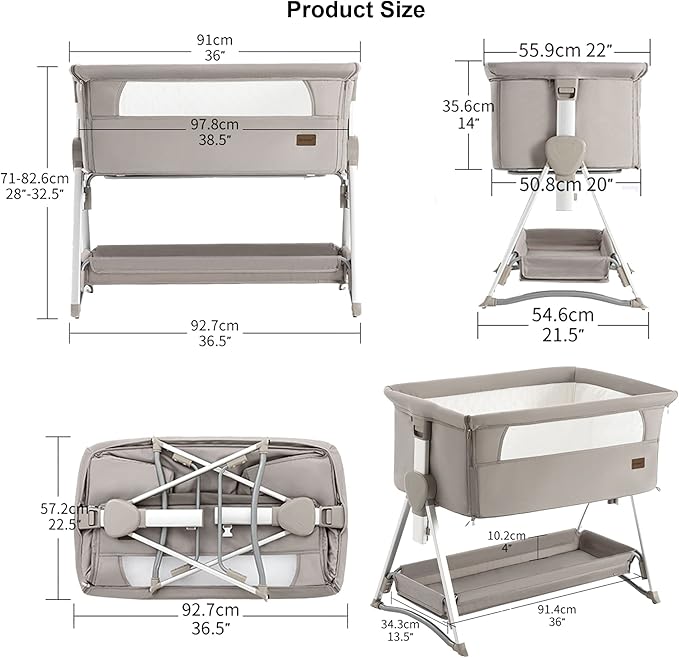 Bassinet, Bedside Sleeper for Baby, Rocking Cribs Newborn Infant Sleeping Bed, Portable Foldable Baby Travel Bed with Mattress, Height Adjust, Suit for 0-6M Bassinet (Khaki)