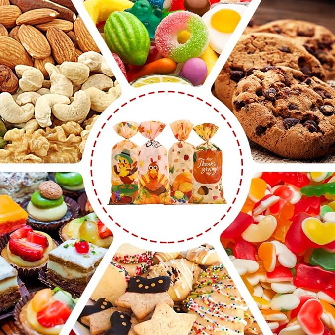 100 PCS Fall Treat Bags(5.1x10.6 Inch) with Ties Thankgiving Turkey Goodie Candy Gifts Bags Bulk Autumn Pouches for Thanksgiving Home Party Favors Supplies Decorations Friendsgiving Cellophane Bag