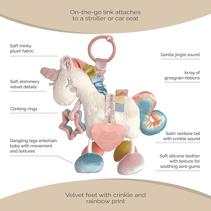 Itzy Ritzy Link & Love Toy for Stroller or Car Seat; Features Textured Ribbons, Crinkle Sounds, Clinking Rings & Silicone Teether; Designed For Ages 0 Months and Up (Unicorn)