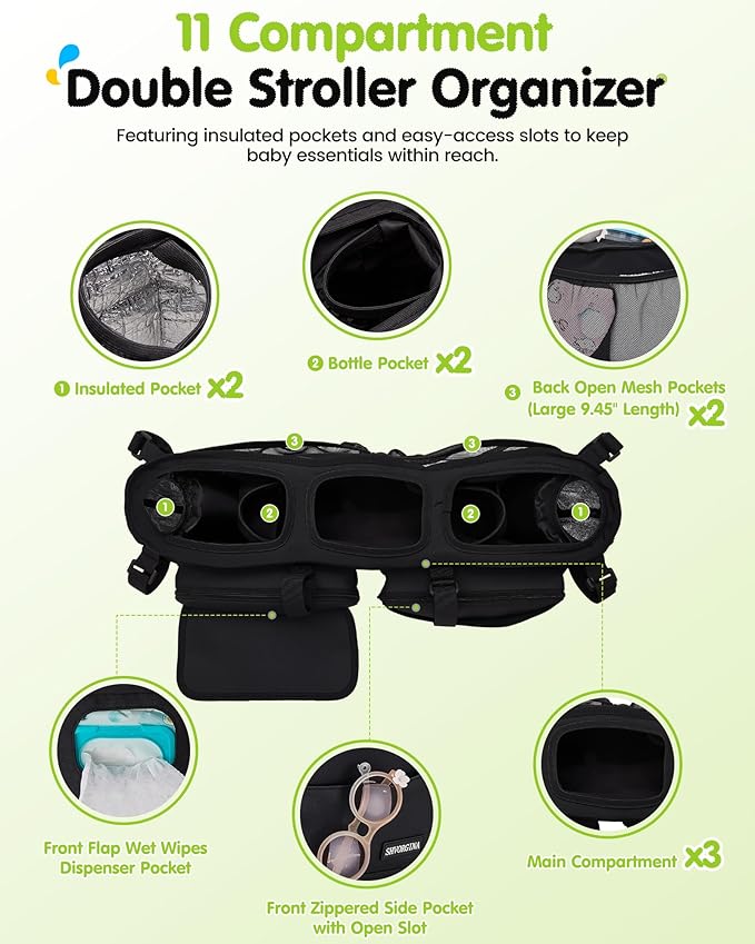 Double Stroller Organizer with 11 Compartment for Bob Duallie, Baby Jogger City Mini GT2, Double Jogging Stroller Caddy, Jeep, Zoe Stroller Accessories with 2 Insulated Pocket, Parent Console
