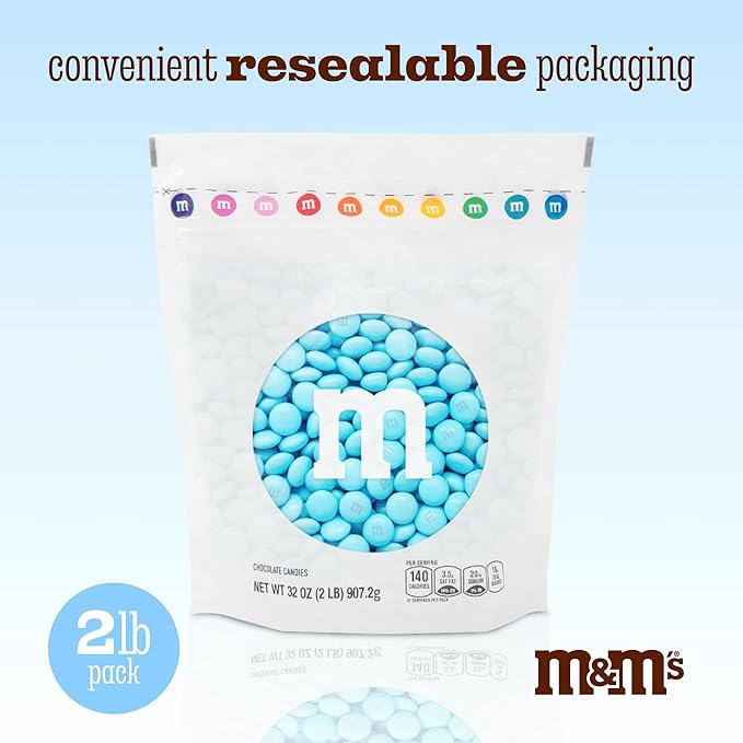 M&M’S WORLD Light Blue Milk Chocolate Candy, 2 lbs Resealable Pack - Candy Bulk for Party Favors, Baby Showers, Easter, Birthday Decor, Birthday Treats, Weddings & More