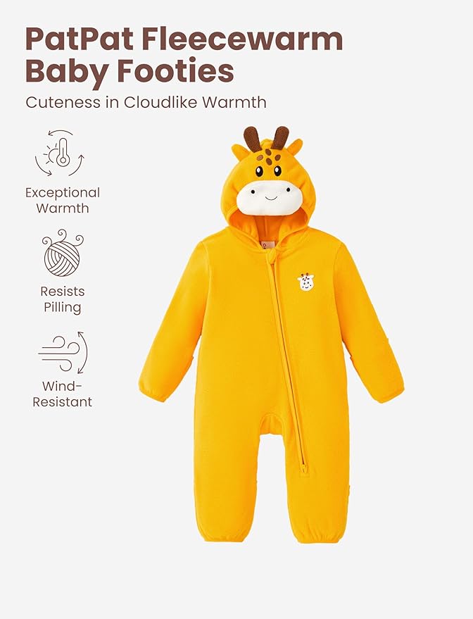 PATPAT Fleece Hooded Footed Romper Clothes, Soft Warm Footie Covers, Car Seat Friendly, Easy Zip, Cute Boy Girl