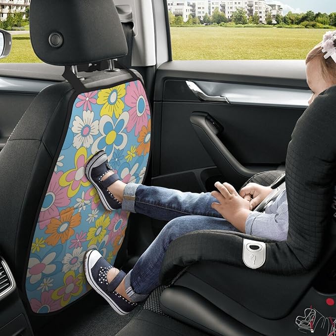 Retro Flowers Car Kick Mats Back Seat Protector 2 Pack Auto Seat Back Covers with 3 Organizer Travel Accessories Universal Vehicle Interior from Dirt, Mud